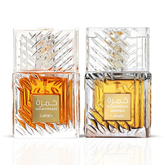 Khamrah & Khamrah Qahwa Eau de Parfum Sprays 100ml (3.4 oz) by Lattafa (Bundle)